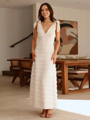 Elegant V-Neck Layered With Bow Shoulder Strap Long Maxi Dress