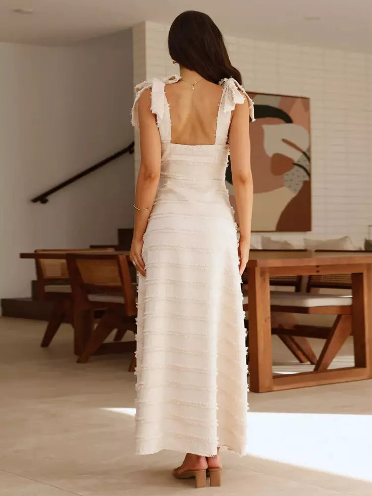 Elegant V-Neck Layered With Bow Shoulder Strap Long Maxi Dress