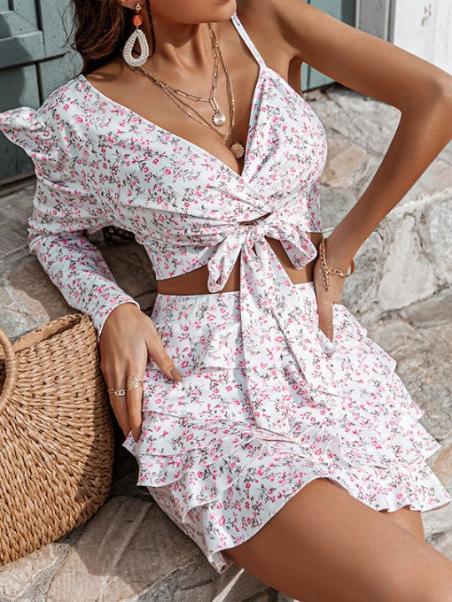 V Neck Long Sleeve Ruffled 2 Piece Sets