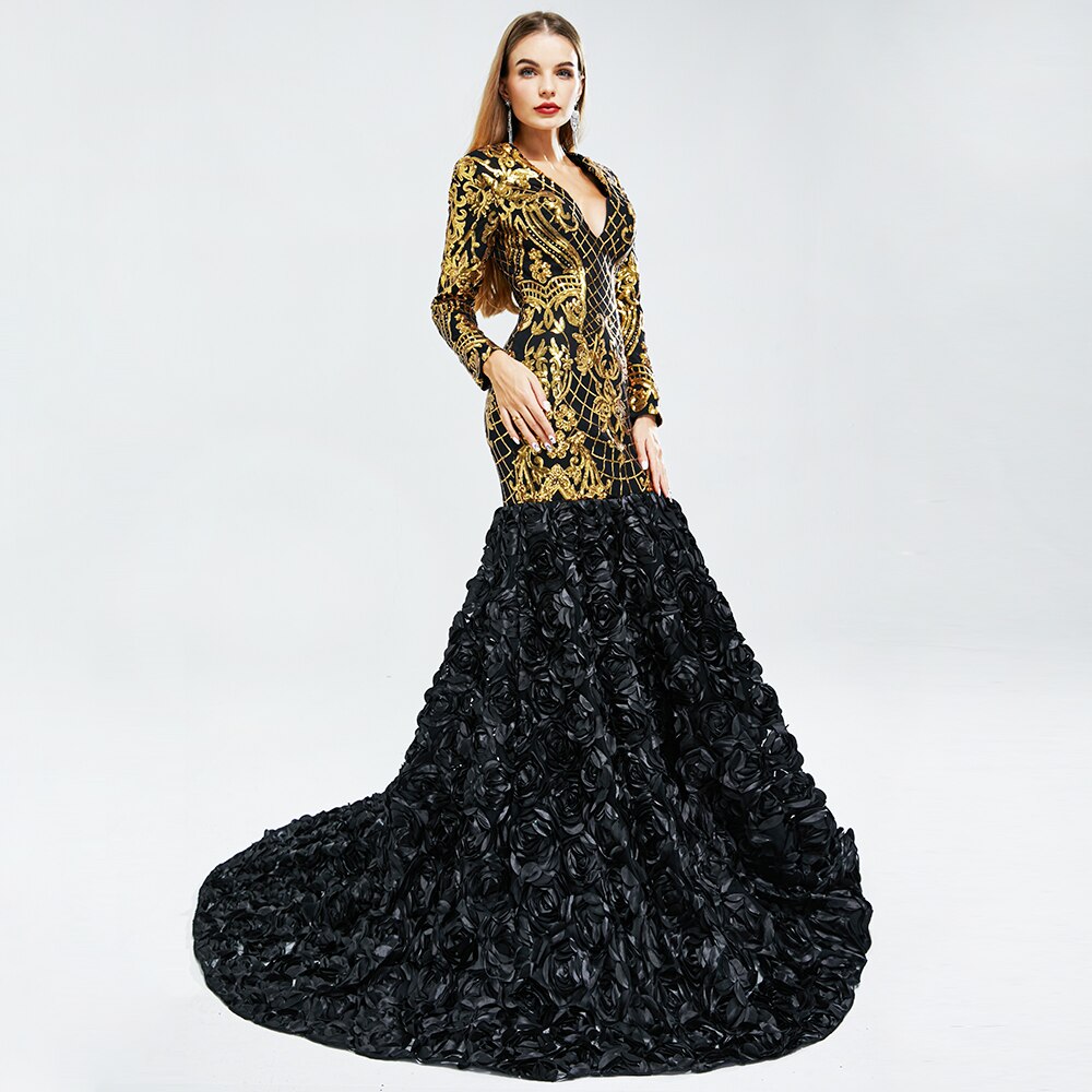 V Neck Long Sleeves Black Girl 3D Lace Evening Dress