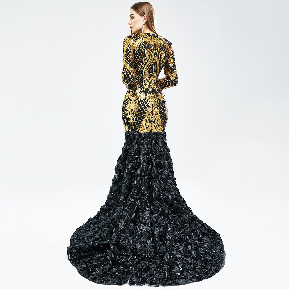 V Neck Long Sleeves Black Girl 3D Lace Evening Dress