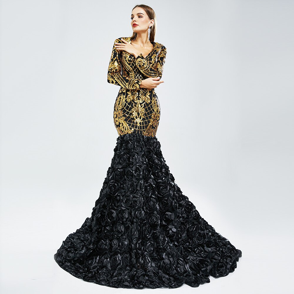 V Neck Long Sleeves Black Girl 3D Lace Evening Dress