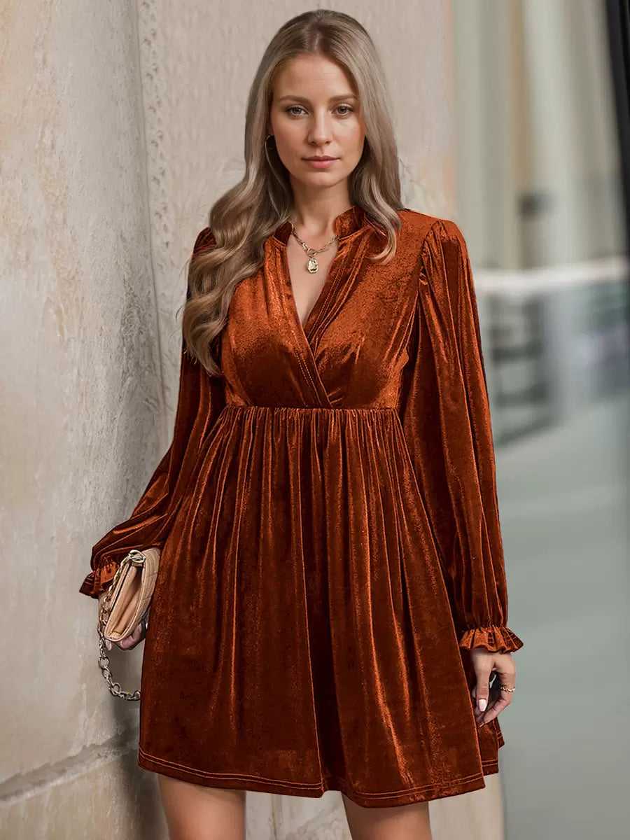 V Neck Long Sleeves Chic Layered Knee Length Elegant Mini Dresses