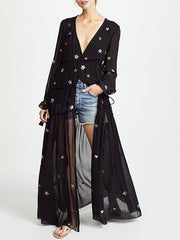 V Neck Long Sleeves Embroidered Boho Dress