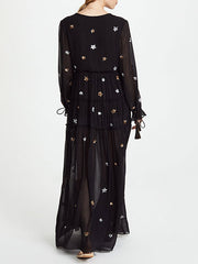 V Neck Long Sleeves Embroidered Boho Dress