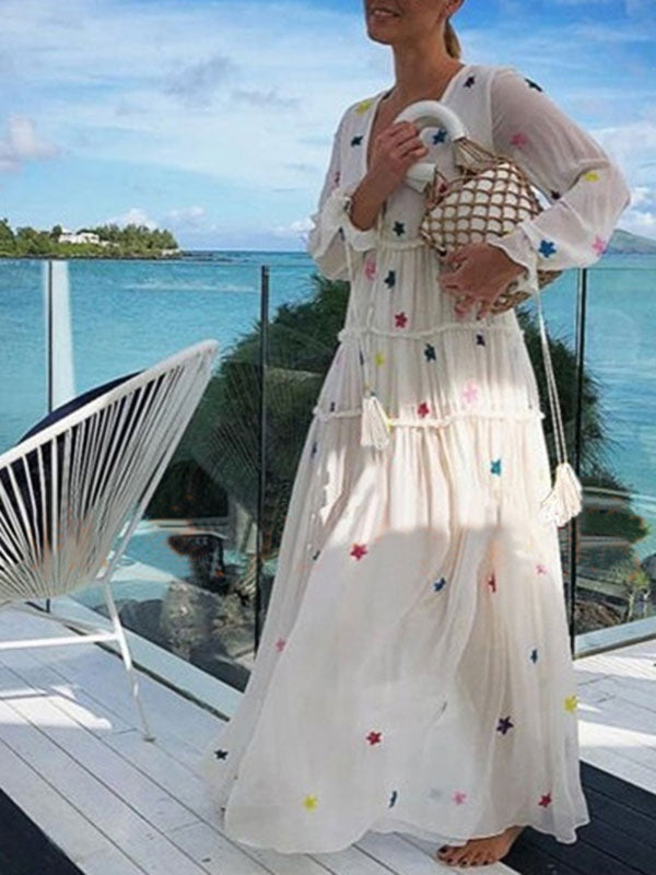 V Neck Long Sleeves Embroidered Boho Dress