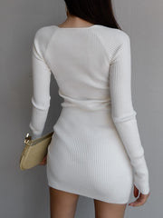 V-Neck Long Sleeves Knitted Bodycon Side slit Mini Dress