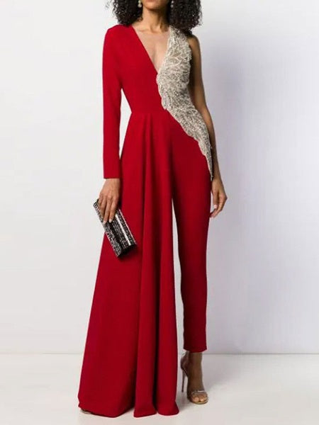 V Neck Long Sleeves One Piece Jumspuit Dress