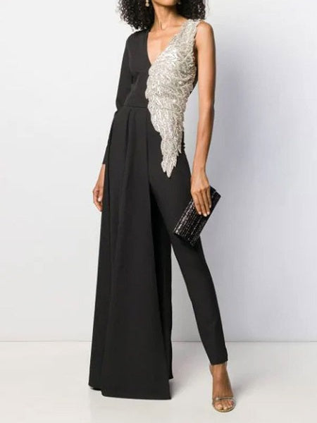 V Neck Long Sleeves One Piece Jumspuit Dress