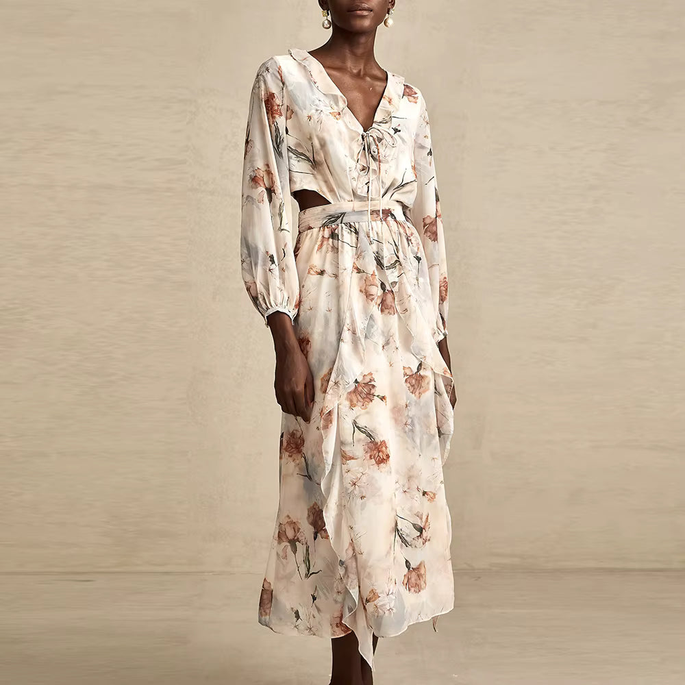 Casual V Neck Long Sleeves Patchwork Printing Spliced Hollow Out Maxi Dresses