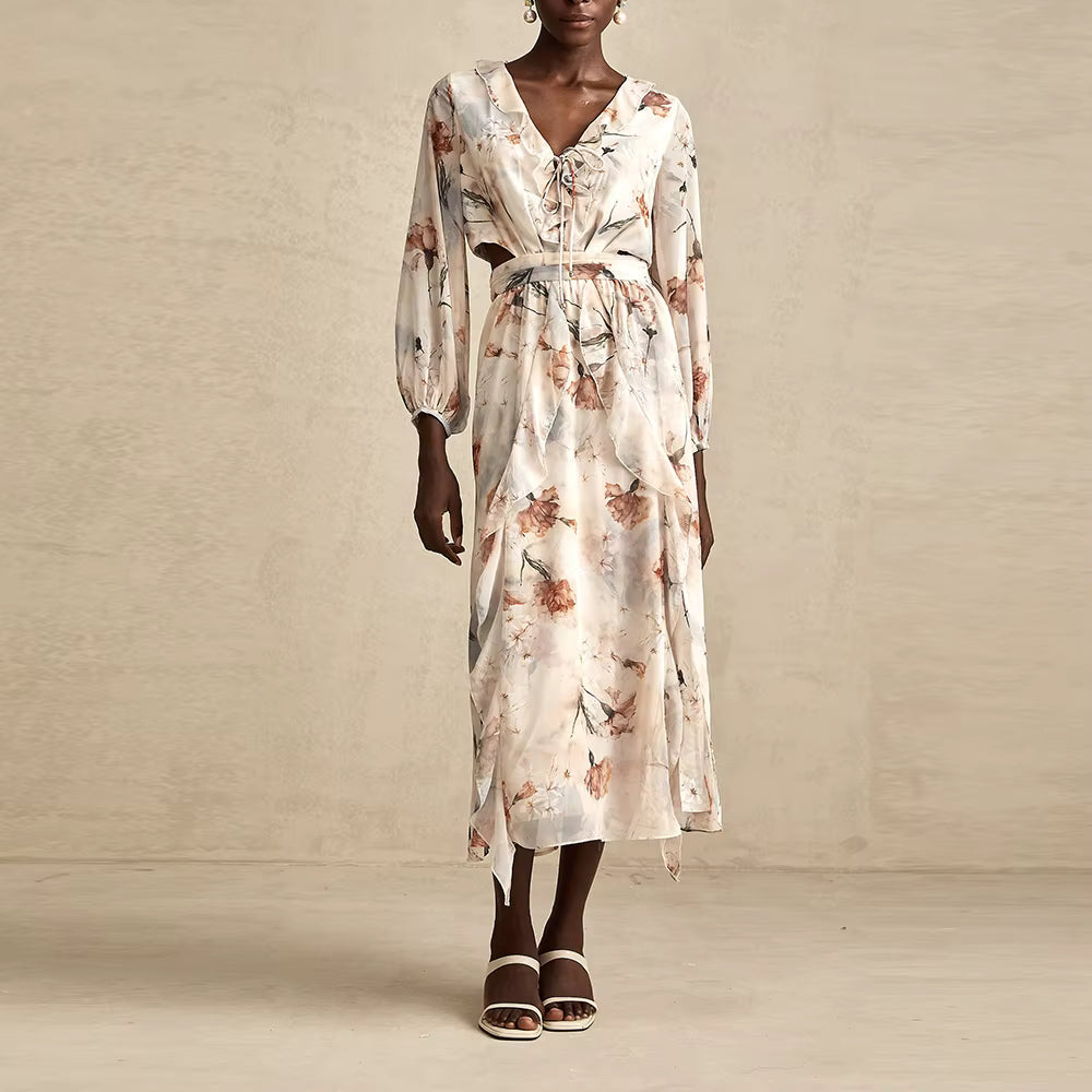 Casual V Neck Long Sleeves Patchwork Printing Spliced Hollow Out Maxi Dresses