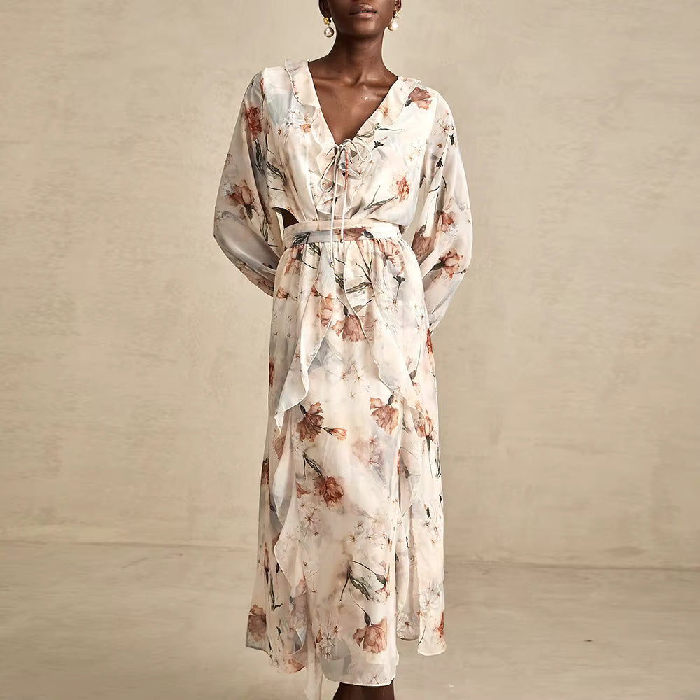 Casual V Neck Long Sleeves Patchwork Printing Spliced Hollow Out Maxi Dresses