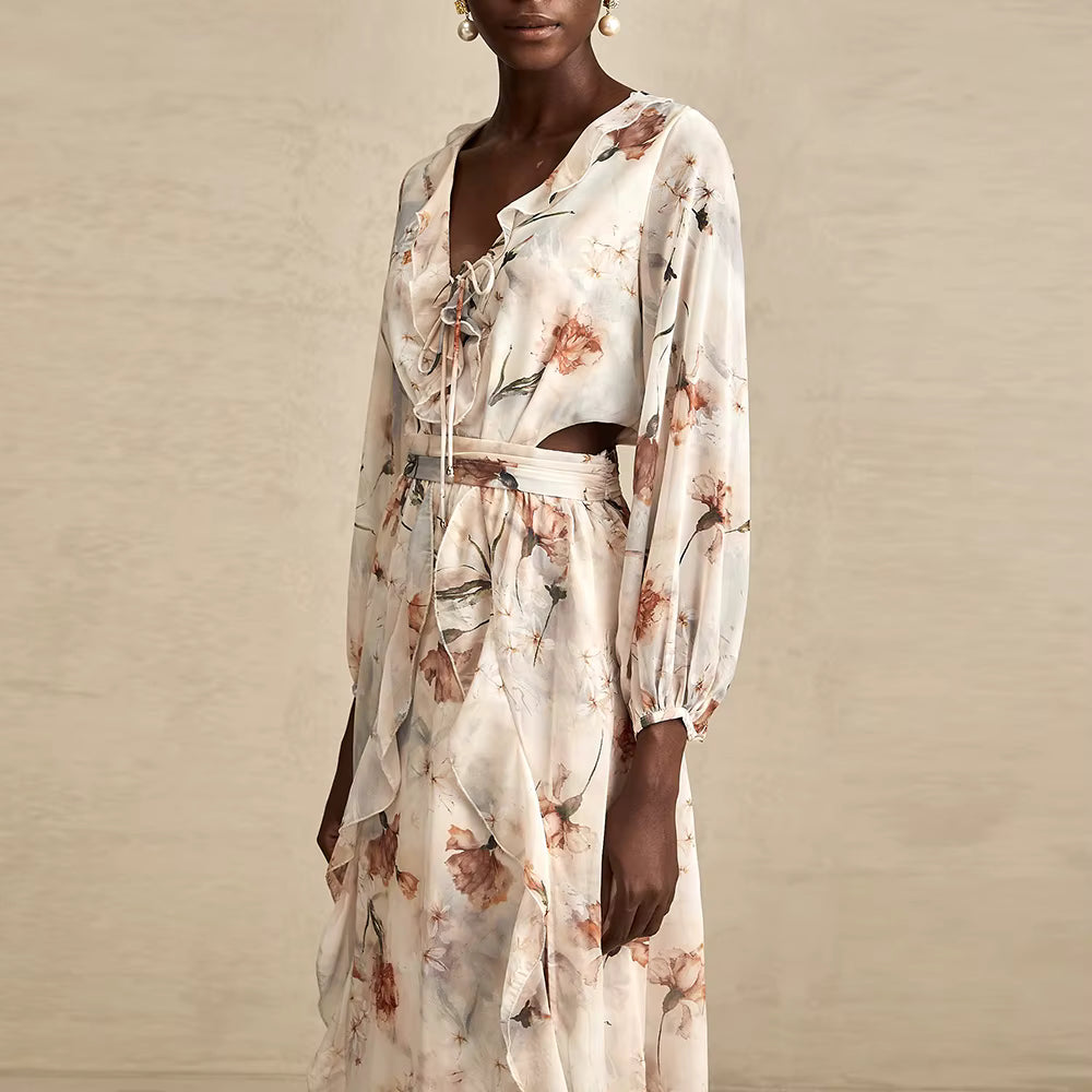 Casual V Neck Long Sleeves Patchwork Printing Spliced Hollow Out Maxi Dresses
