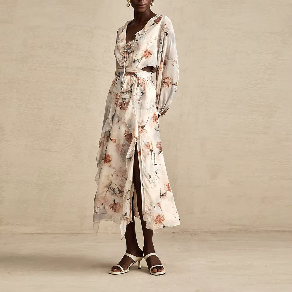 Casual V Neck Long Sleeves Patchwork Printing Spliced Hollow Out Maxi Dresses
