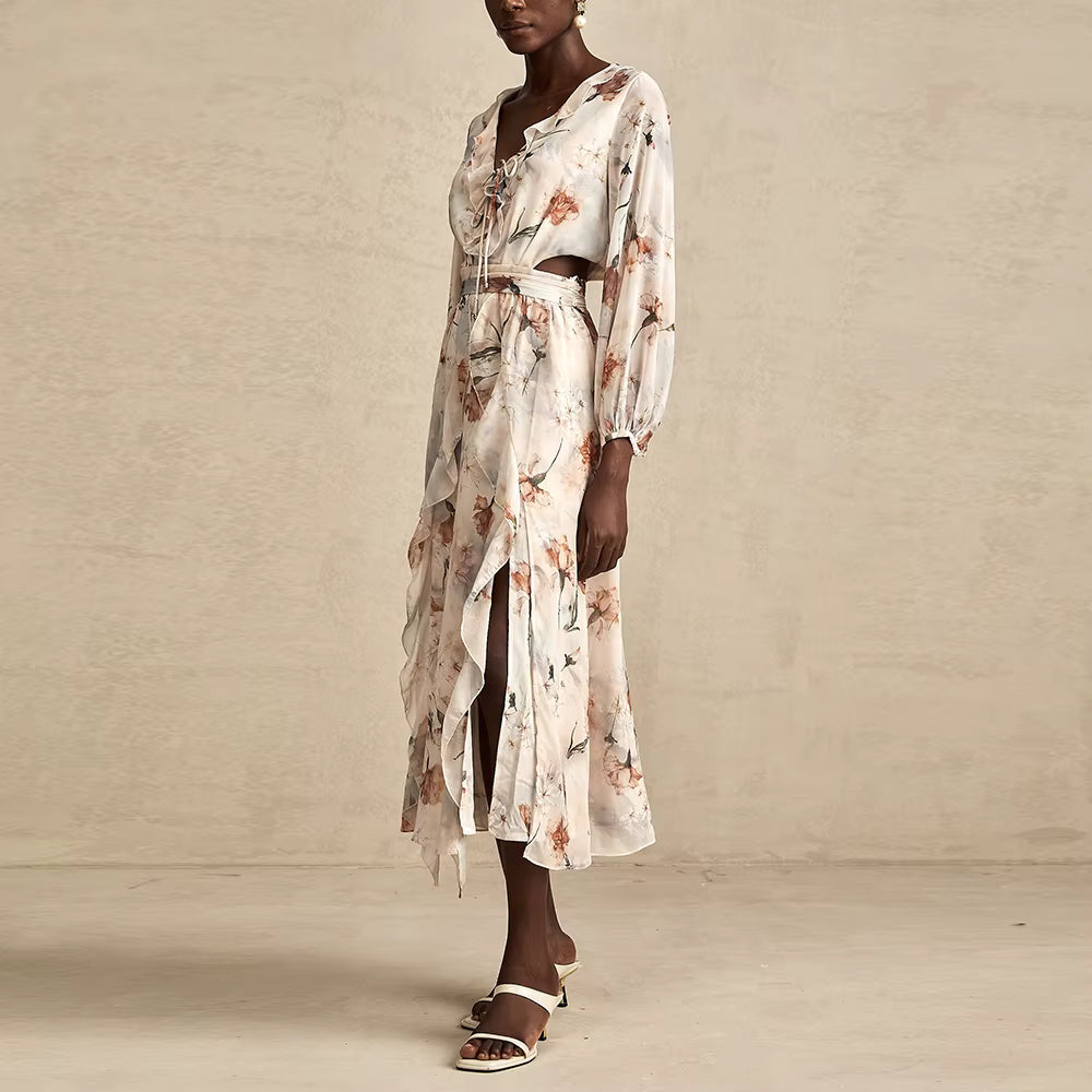 Casual V Neck Long Sleeves Patchwork Printing Spliced Hollow Out Maxi Dresses