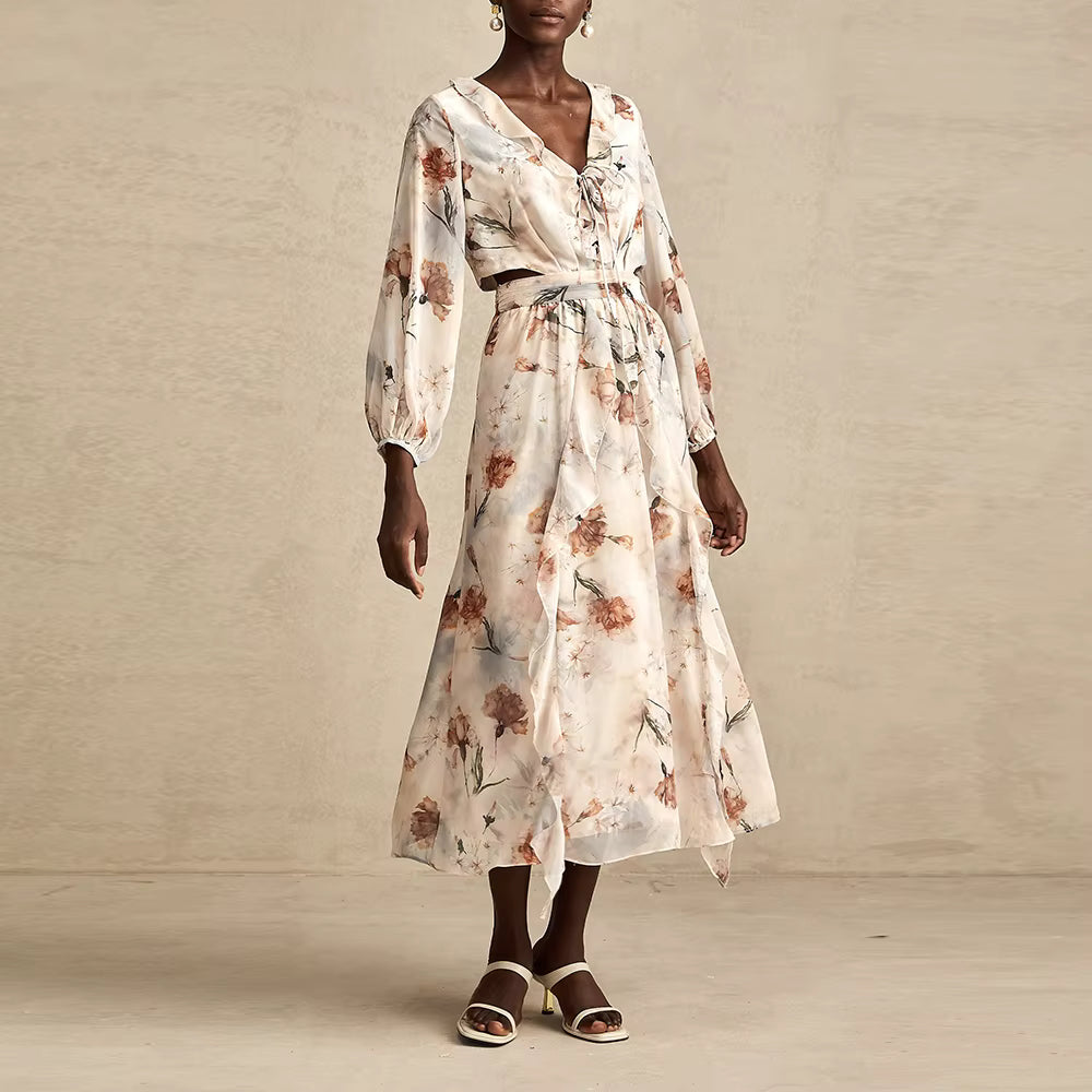 Casual V Neck Long Sleeves Patchwork Printing Spliced Hollow Out Maxi Dresses