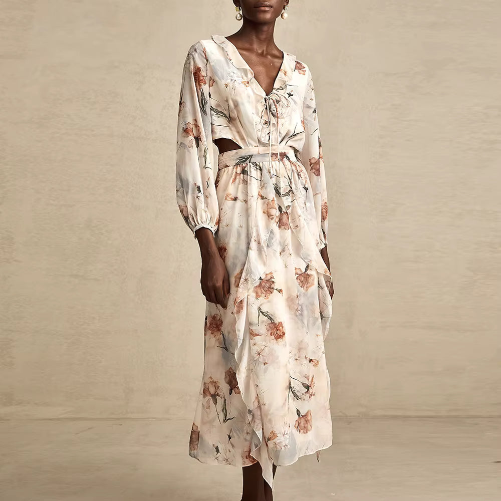 Casual V Neck Long Sleeves Patchwork Printing Spliced Hollow Out Maxi Dresses