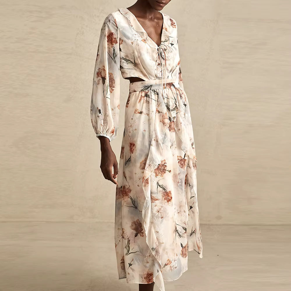 Casual V Neck Long Sleeves Patchwork Printing Spliced Hollow Out Maxi Dresses