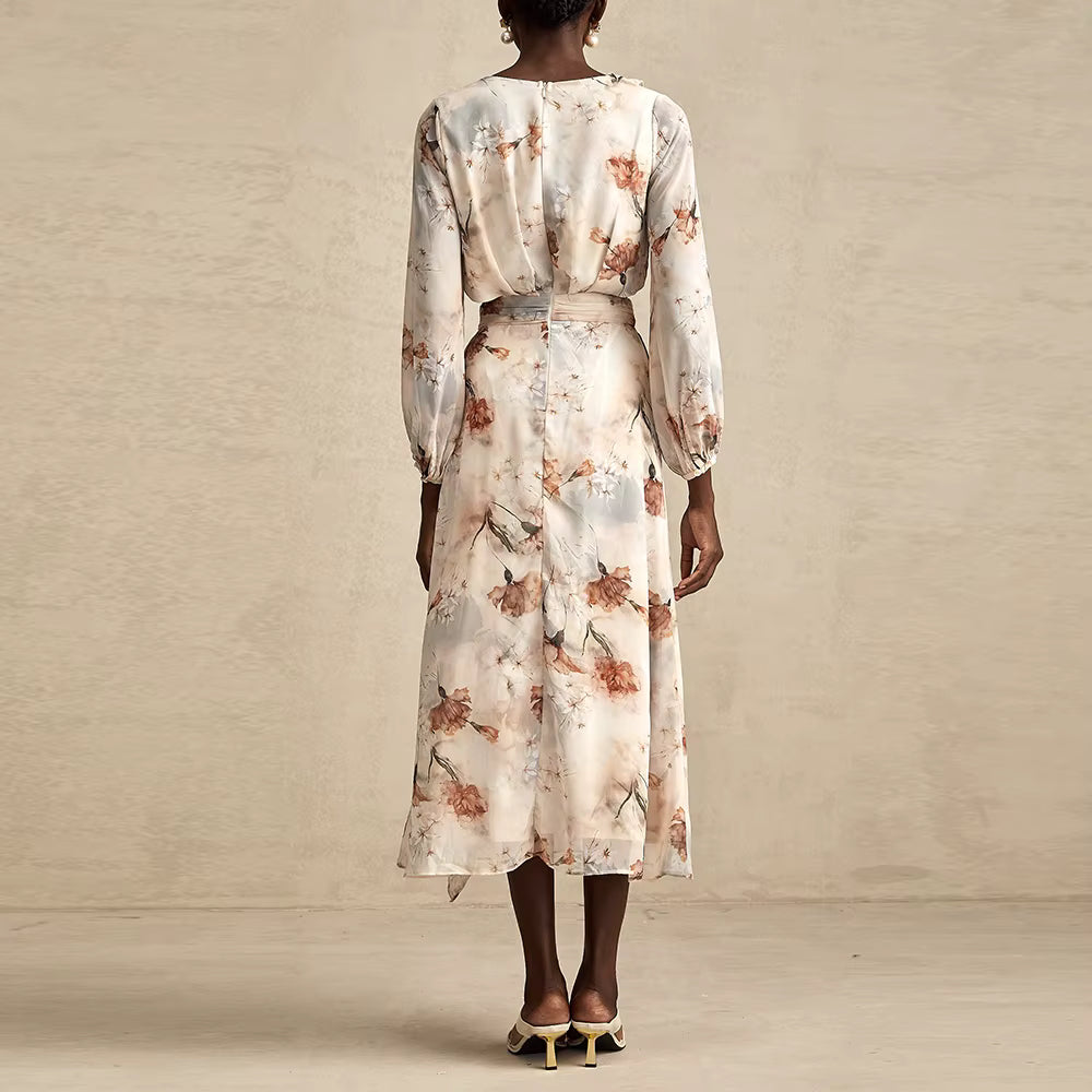 Casual V Neck Long Sleeves Patchwork Printing Spliced Hollow Out Maxi Dresses