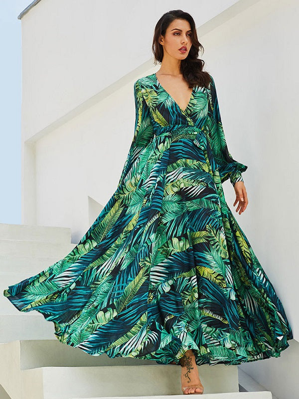 V-Neck Long Sleeves Polyester Printed Long Maxi Dress