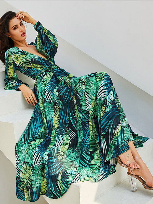 V-Neck Long Sleeves Polyester Printed Long Maxi Dress