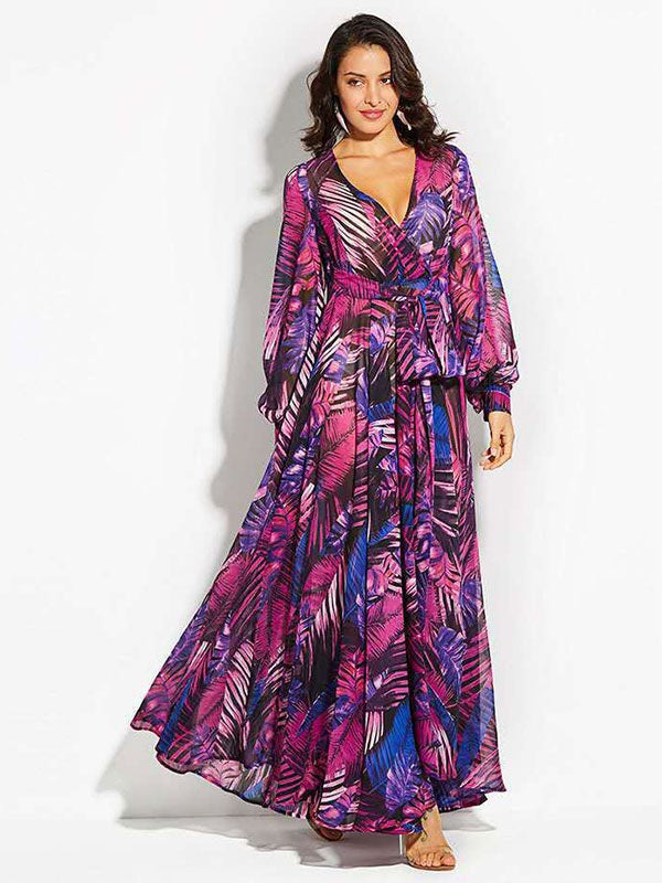 V-Neck Long Sleeves Polyester Printed Long Maxi Dress