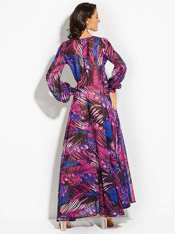 V-Neck Long Sleeves Polyester Printed Long Maxi Dress
