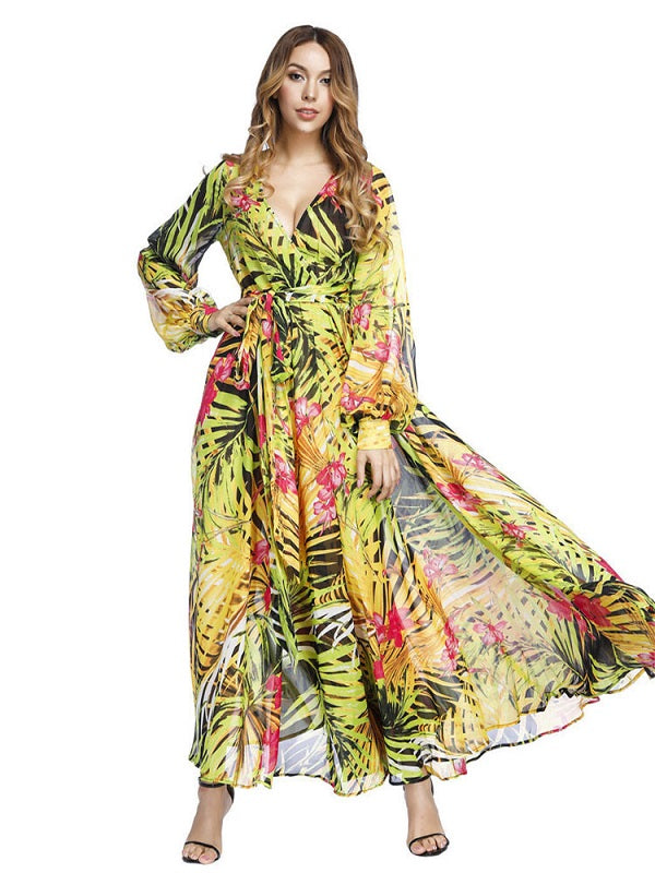 V-Neck Long Sleeves Polyester Printed Long Maxi Dress