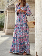 V-Neck Maxi Dress Long Sleeves Casual Printed Long Dress