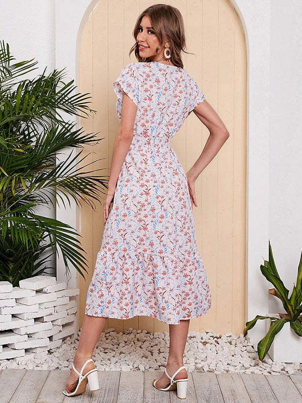 Floral Print Casual Deep V-neck Short Sleeve Mid-length Beach Party Dresses