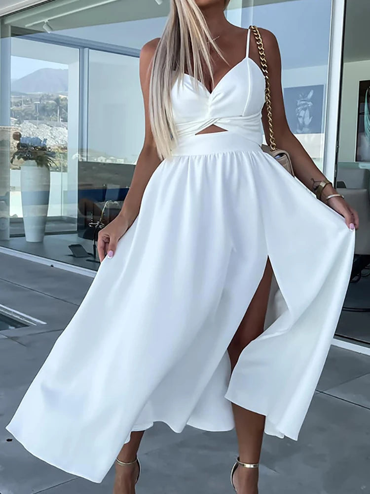V-Neck Pleated Rose Medium Beach Dress