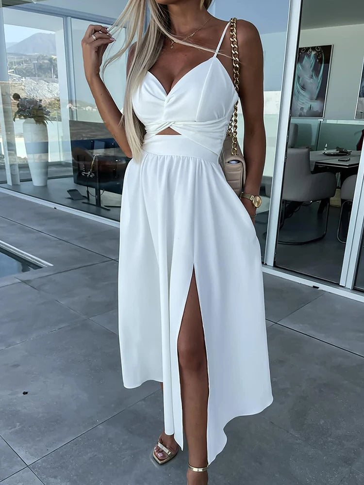 V-Neck Pleated Rose Medium Beach Dress
