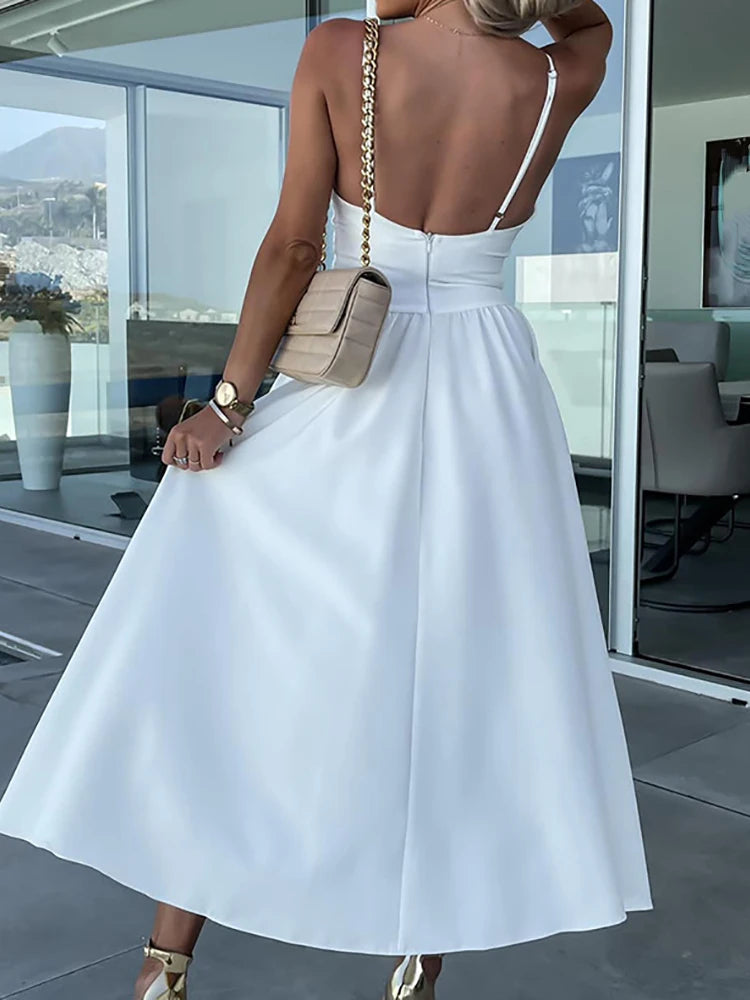V-Neck Pleated Rose Medium Beach Dress