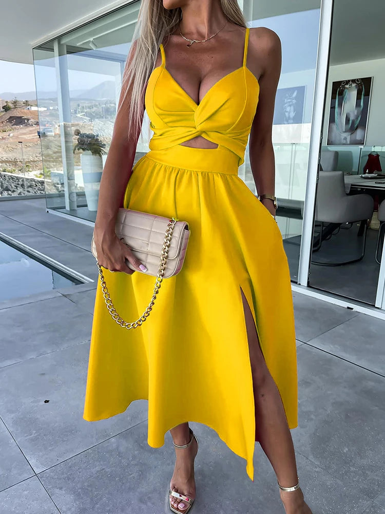 V-Neck Pleated Rose Medium Beach Dress