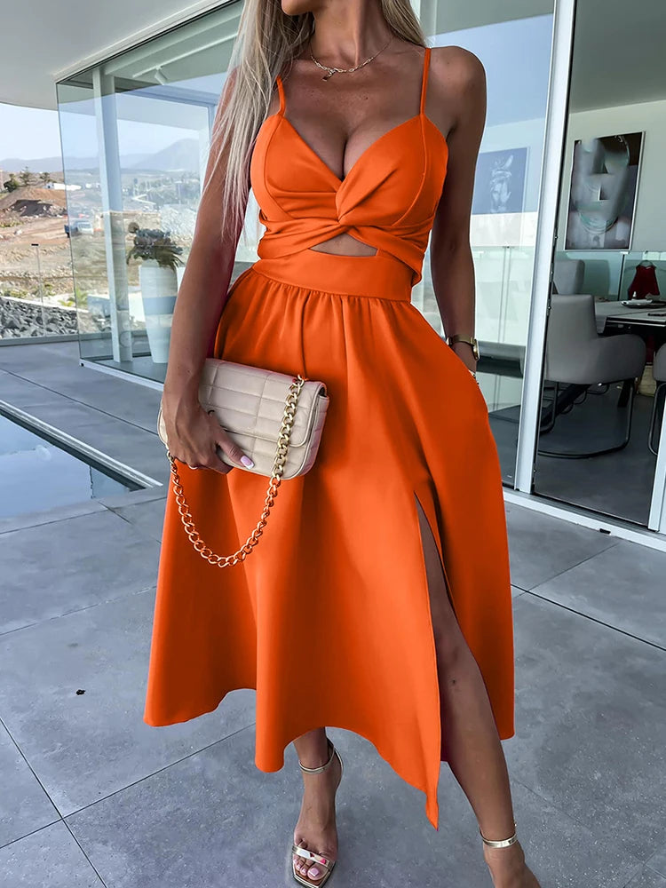 V-Neck Pleated Rose Medium Beach Dress