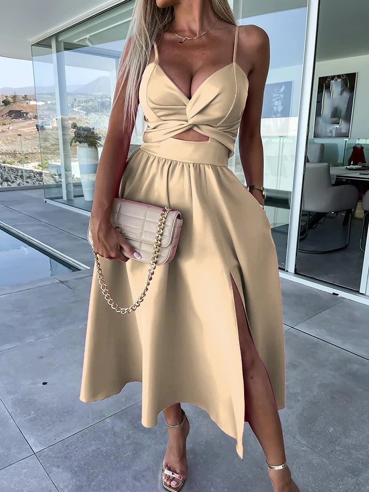 V-Neck Pleated Rose Medium Beach Dress