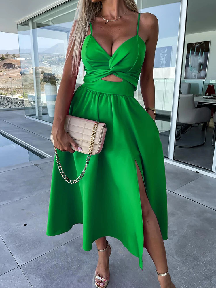 V-Neck Pleated Rose Medium Beach Dress