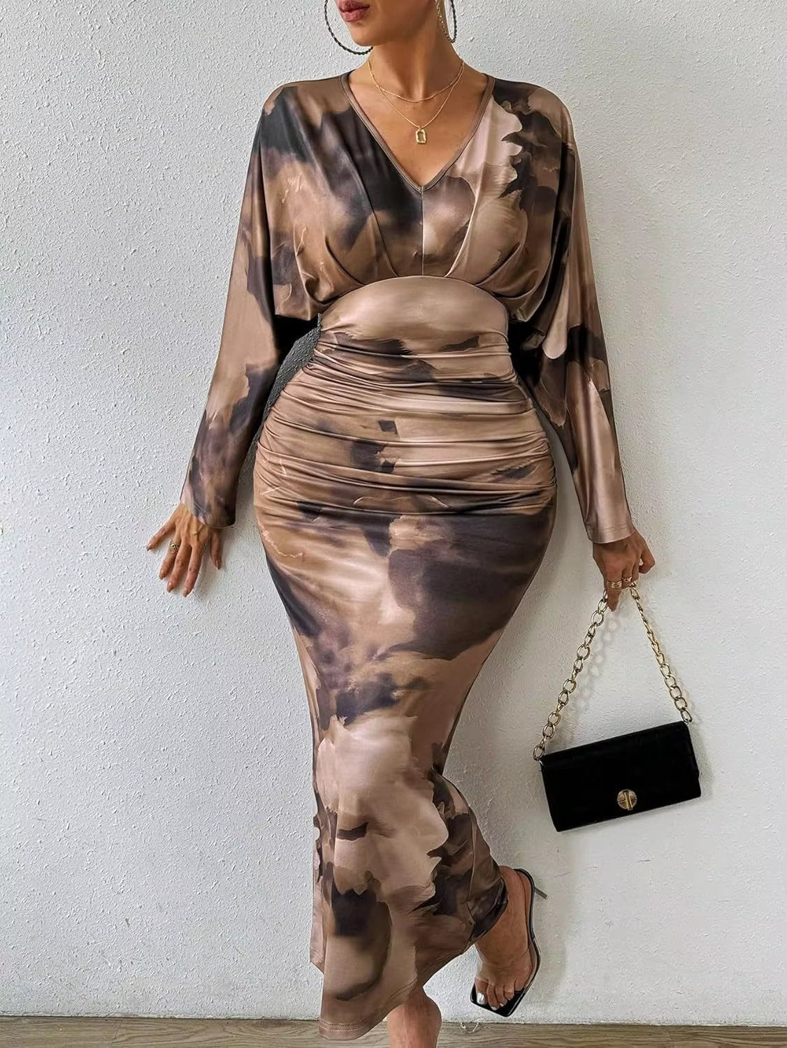 V Neck Pleated Slim Bat Sleeve Trend Elegant And Vintage Maxi Dresses