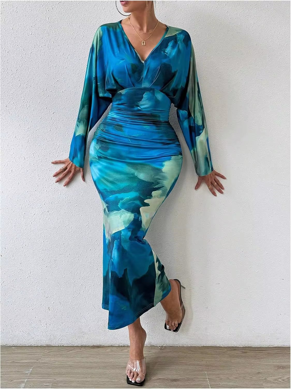 V Neck Pleated Slim Bat Sleeve Trend Elegant And Vintage Maxi Dresses