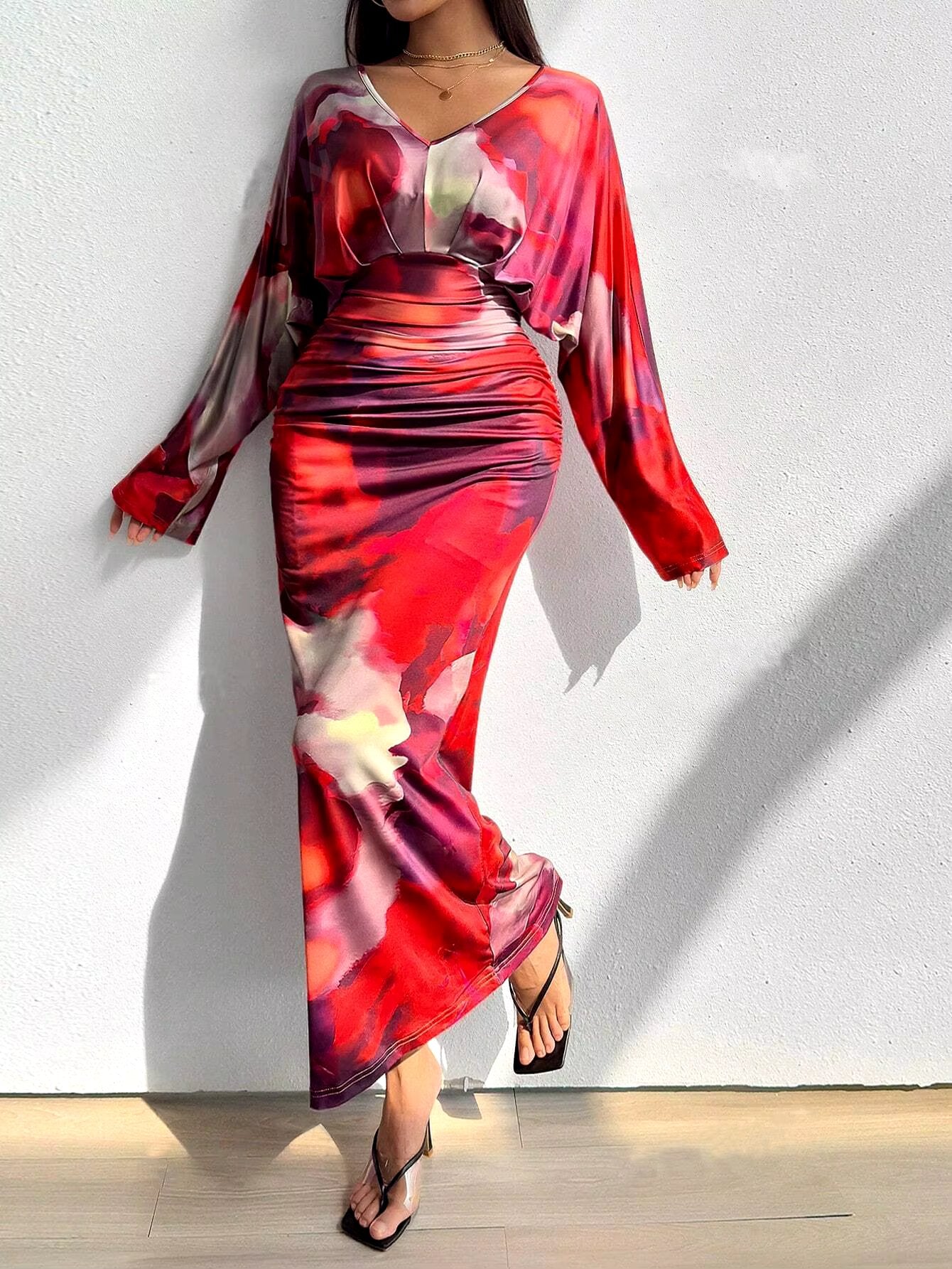 V Neck Pleated Slim Bat Sleeve Trend Elegant And Vintage Maxi Dresses