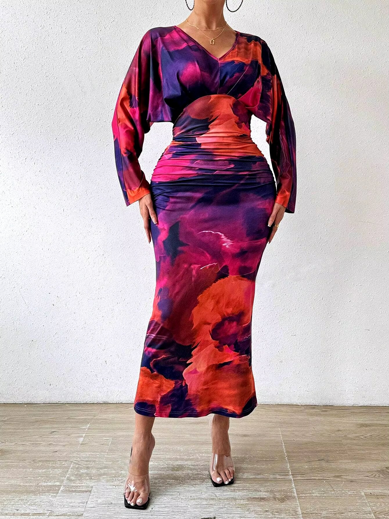 V Neck Pleated Slim Bat Sleeve Trend Elegant And Vintage Maxi Dresses