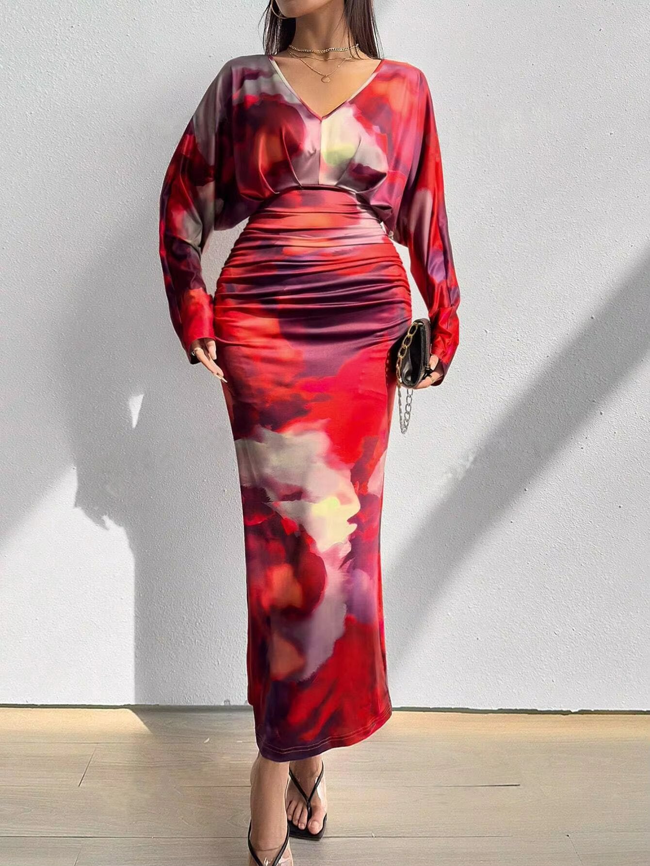 V Neck Pleated Slim Bat Sleeve Trend Elegant And Vintage Maxi Dresses