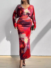 V Neck Pleated Slim Bat Sleeve Trend Elegant And Vintage Maxi Dresses