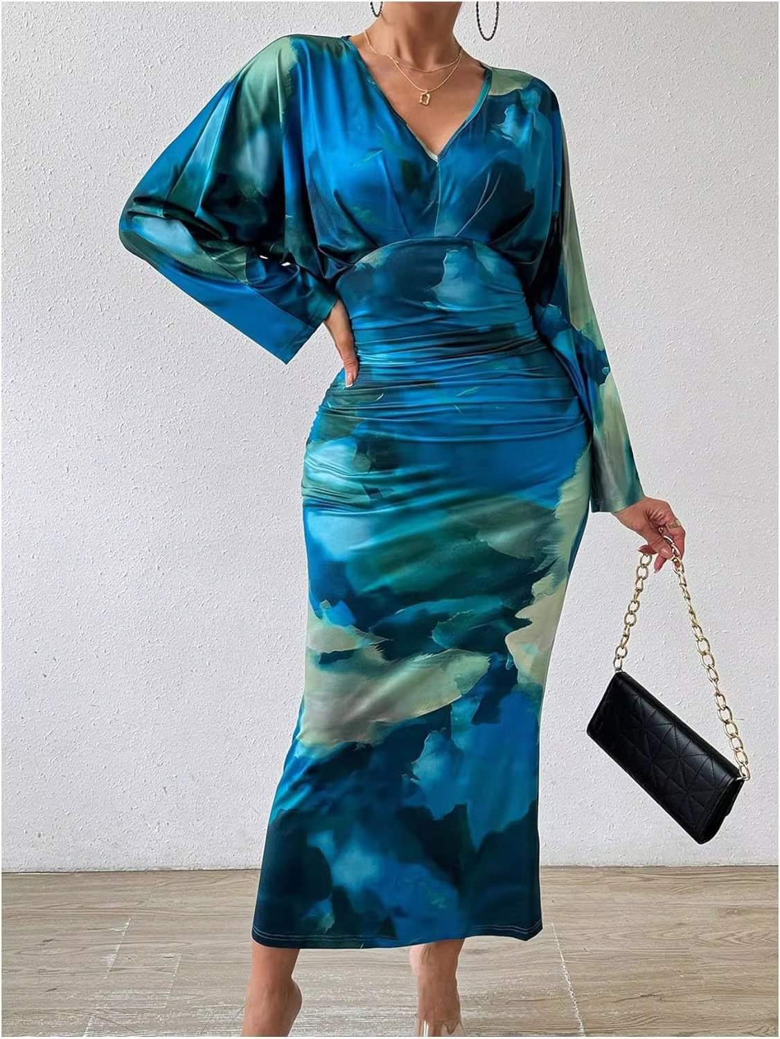 V Neck Pleated Slim Bat Sleeve Trend Elegant And Vintage Maxi Dresses