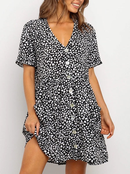 V-Neck Printed Buttons Beach Short Dress Vestidos