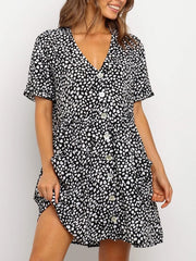 V-Neck Printed Buttons Beach Short Dress Vestidos