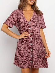 V-Neck Printed Buttons Beach Short Dress Vestidos