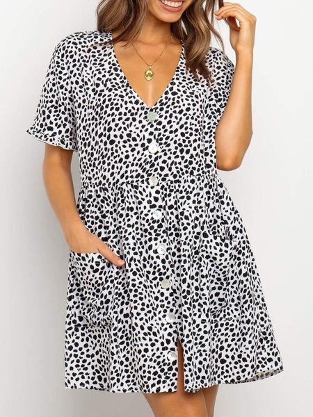 V-Neck Printed Buttons Beach Short Dress Vestidos