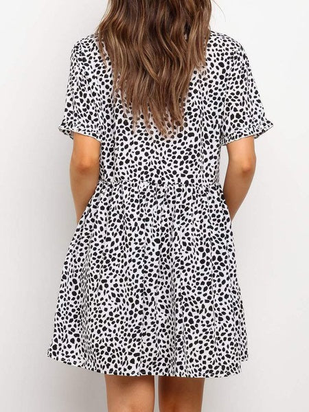 V-Neck Printed Buttons Beach Short Dress Vestidos
