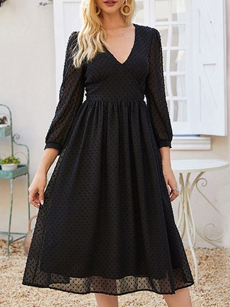 V-neck Chiffon Midi Dress Elegant Bohemian Style Dress for Winter Party